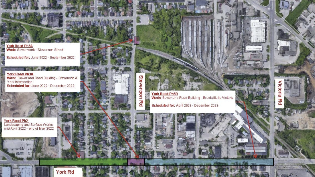 York Road Phase 2: Landscaping and surface works mid-April to end of May. York Road Phase 3A: Sewer work on Stevenson Street June to September 2022; Sewer and road building at Stevenson and York intersection June to December 2022. York Road Phase 3B: Sewer and road building from Brockville to Victoria April to December 2023.